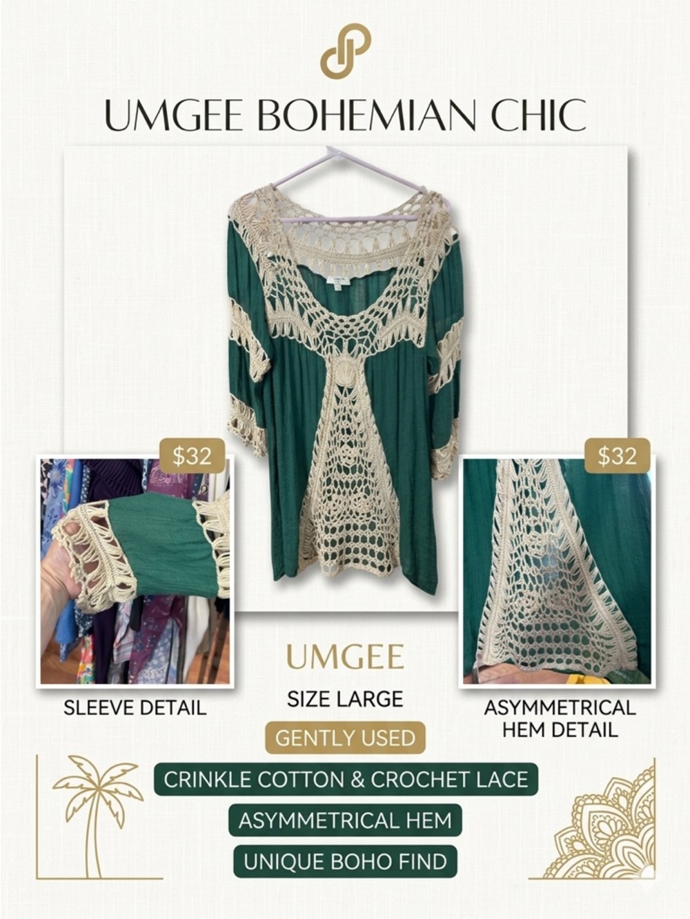 Umgee Green Crochet Lace Asymmetrical Tunic Top L - Picture 7 of 7
